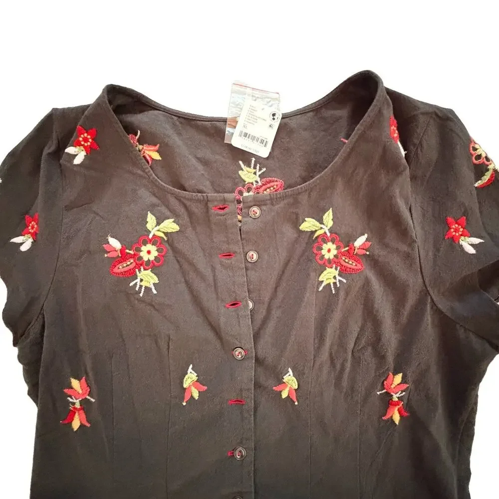 New Free People Kelly Black Floral Embroidered Button Detail Blouse XL $148 NWT